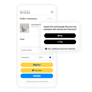 A mobile phone screen showing an order summary at checkout; a tile showing that Apple Pay is available with Advanced Checkout