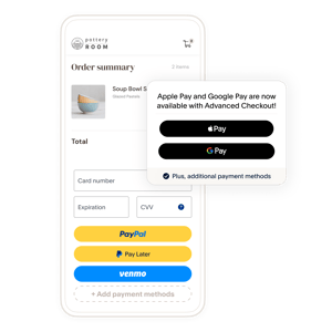 A mobile phone screen showing an order summary at checkout; a tile showing that Apple Pay is available with Advanced Checkout