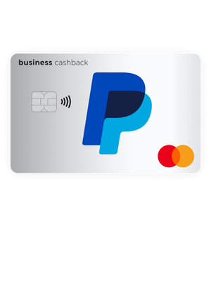 A silver PayPal business credit card with the PayPal and Mastercard logos