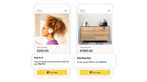 A smiling woman wearing headphones and a tile for Pay in 4, a dresser with a tile for Pay Monthly