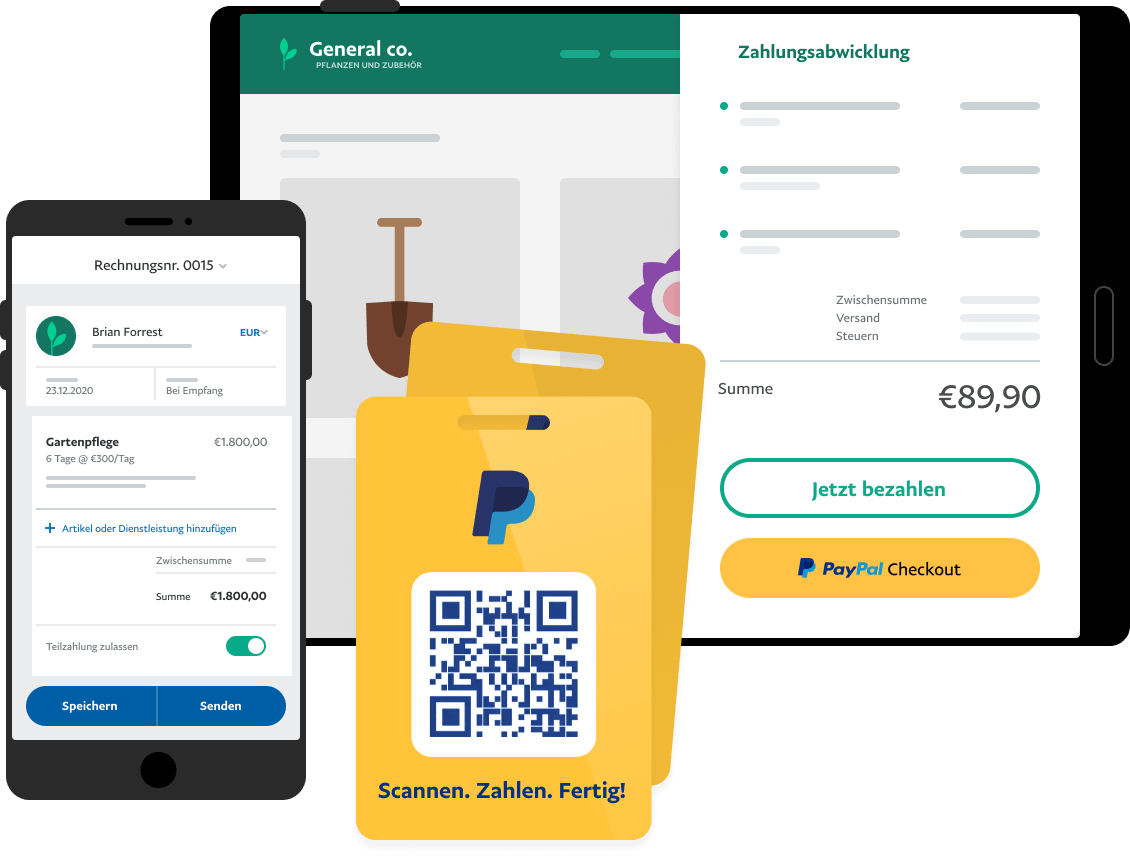 Illustration von PayPal-Produkten auf einem Handy, QR-Tab, Tablet 