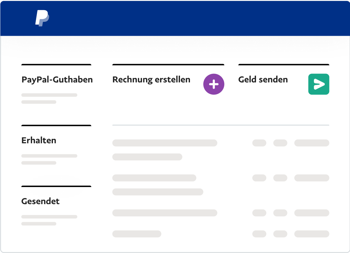 Ein weißes PayPal Business-Dashboard mit Optionen wie Rechnungsstellung und Zahlung