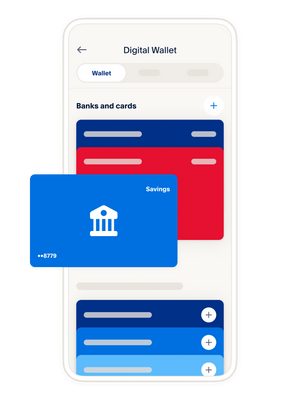 Credit and debit cards on a mobile phone, showing the different ways you can load your digital wallet