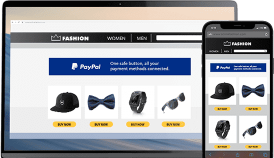 A laptop and smartphone displaying a shopping site payment methods using PayPal