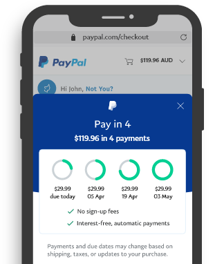 Phone showing checkout process using PayPal Pay in 4 payments