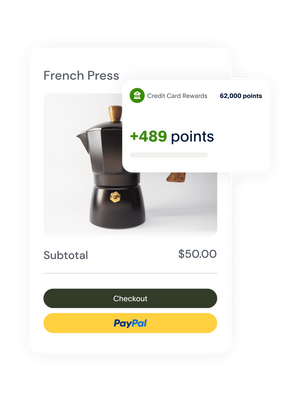 An example checkout page of a product offering to pay with PayPal, a tile showing an examples of credit card rewards.