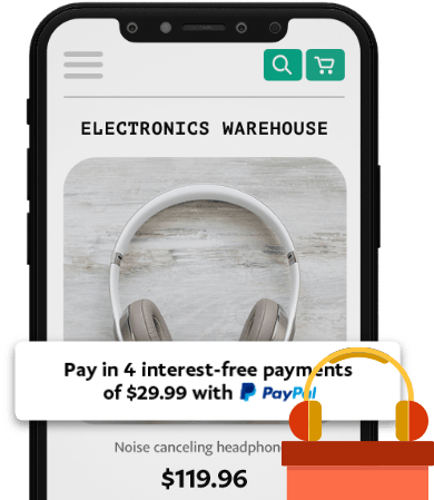 A phone displaying headphones using PayPal Pay in 4 option