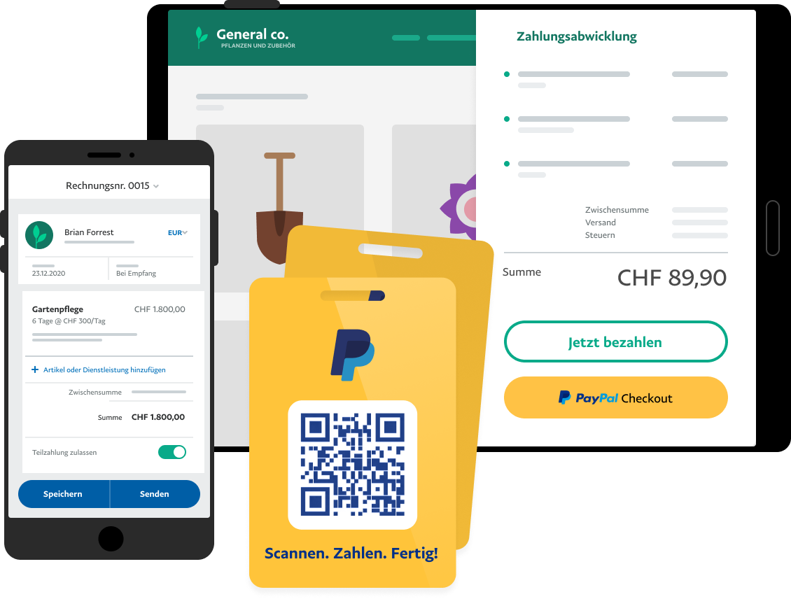 Abbildung von PayPal-Produkten auf Handy, QR-Tab, Tablet 