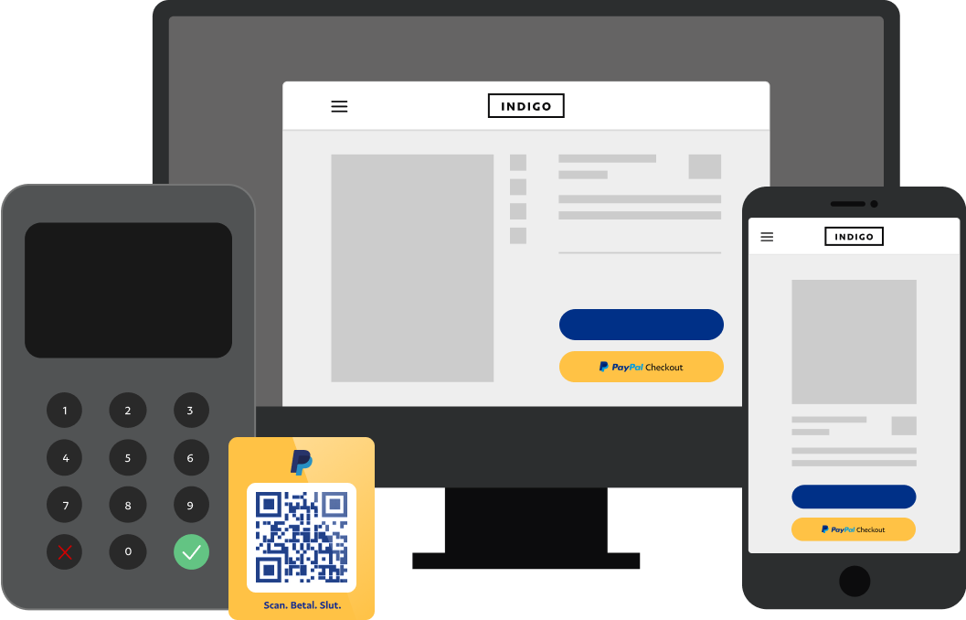 Illustration af PayPal-produkter på mobilenheder, QR-kort, tablet 