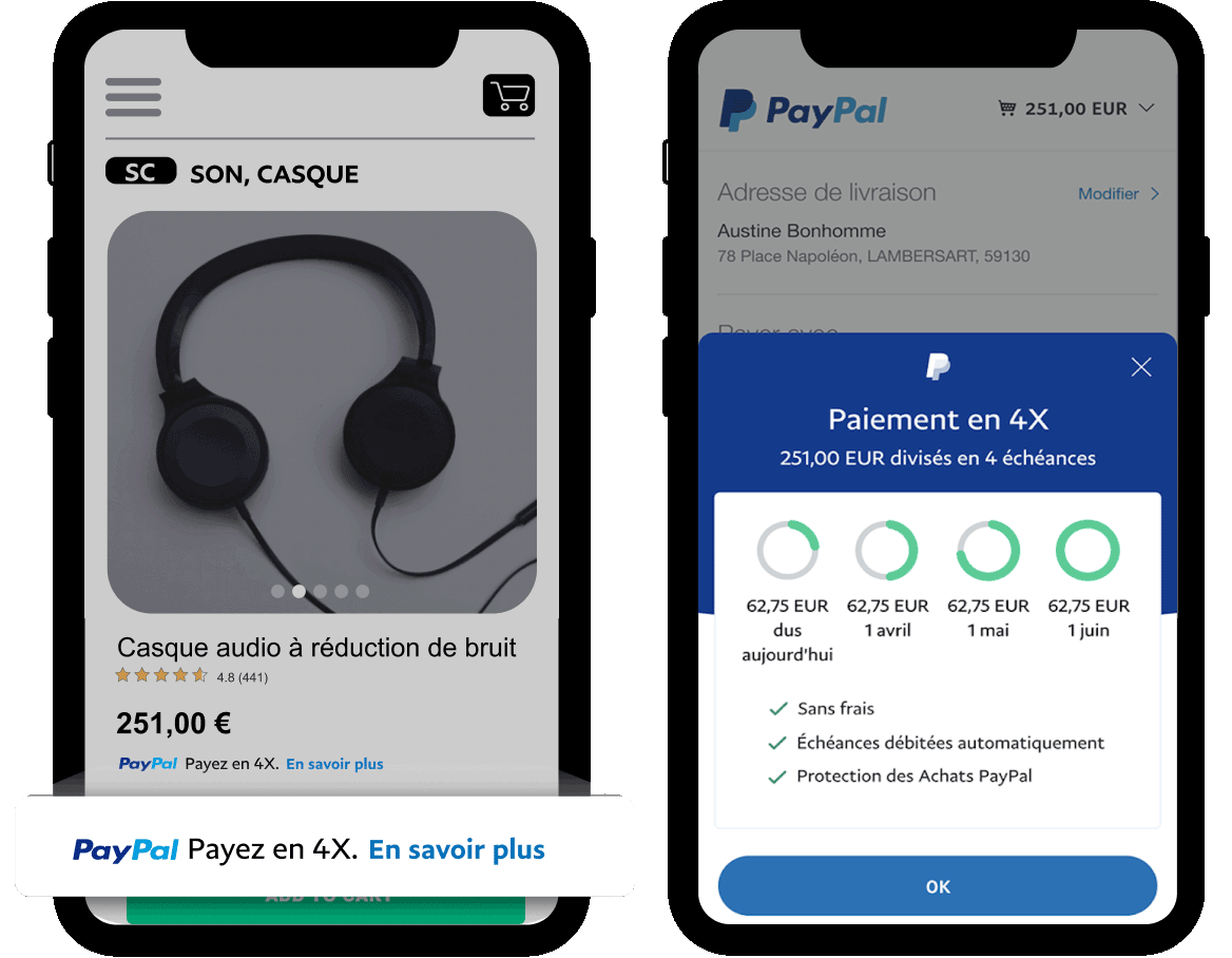 Écran de téléphone portable affichant PayPal Pay in 4.