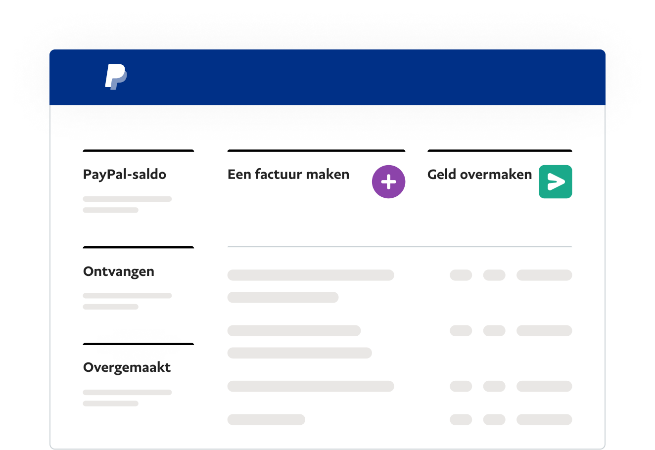 Een wit PayPal Business-dashboard dat verschillende opties biedt, zoals het maken en betalen van facturen