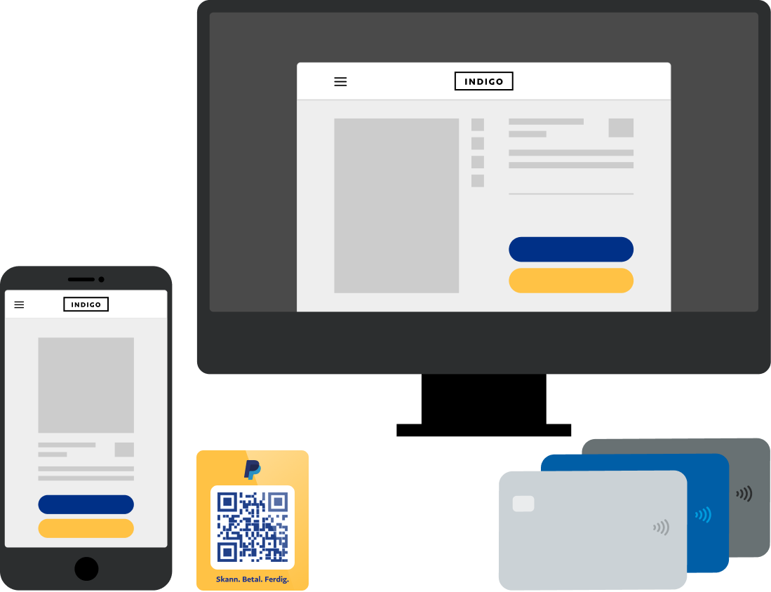 En illustrasjon som representerer forskjellige måter en virksomhet kan få betalt med PayPal på, inkludert PayPal Checkout, QR-koder og e-fakturaer