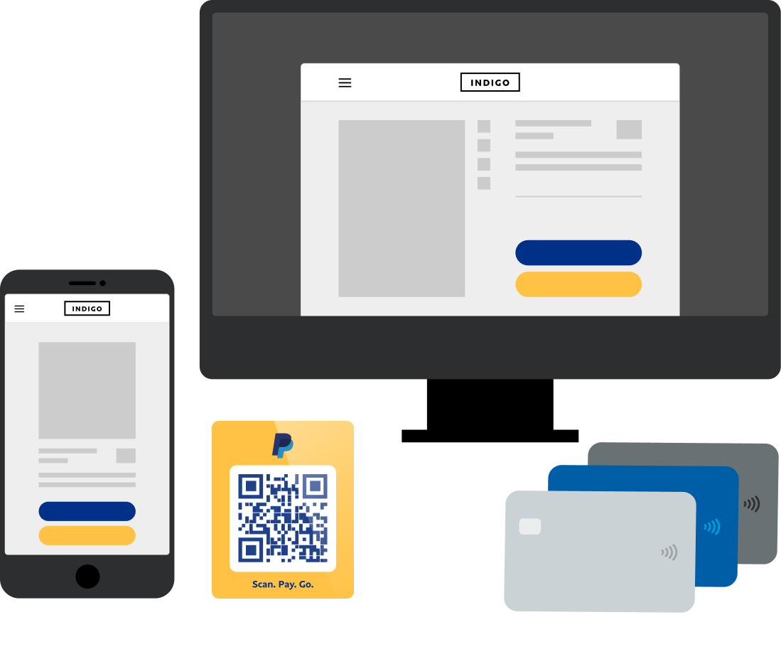 Illustratie die verschillende manieren vertegenwoordigt waarop een bedrijf met PayPal kan worden betaald, waaronder PayPal Checkout, QR-codes en facturen