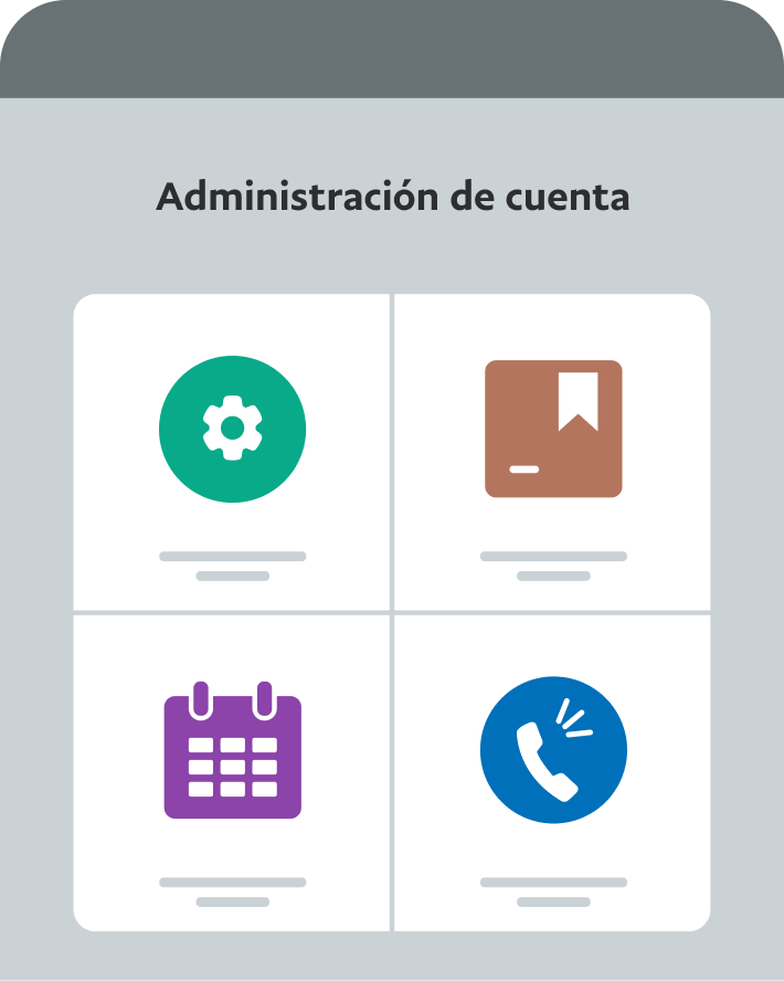 Un tablero con iconos para las diferentes herramientas de administración de cuentas de PayPal
