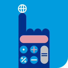 Illustratieve blauwe hand met rekenmachineachtige knoppen die naar een wereldbol wijzen op een blauw vierkant.