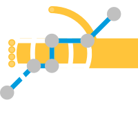 Illustratieve gele hand rond wereldbol en verbonden stippen.