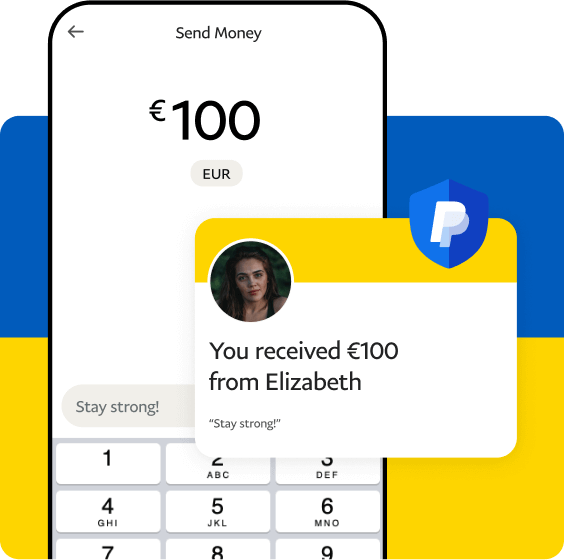 Send money screen on phone with Ukraine flag in background