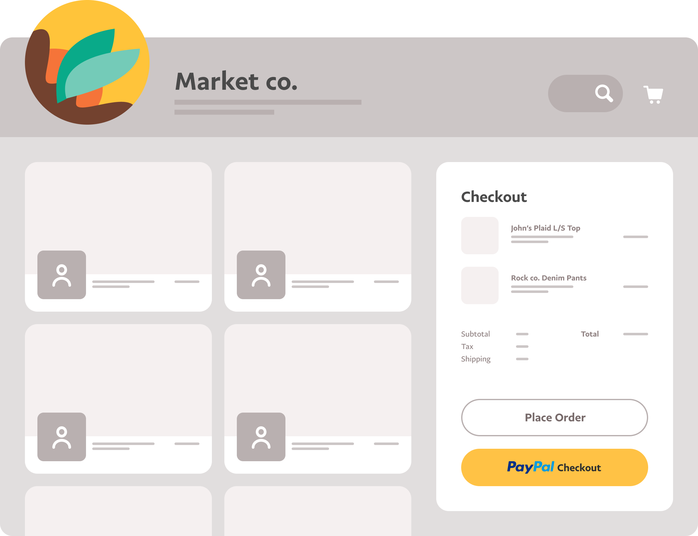 Un panel que muestra PayPal Checkout siendo utilizando para pagar artículos en el mercado