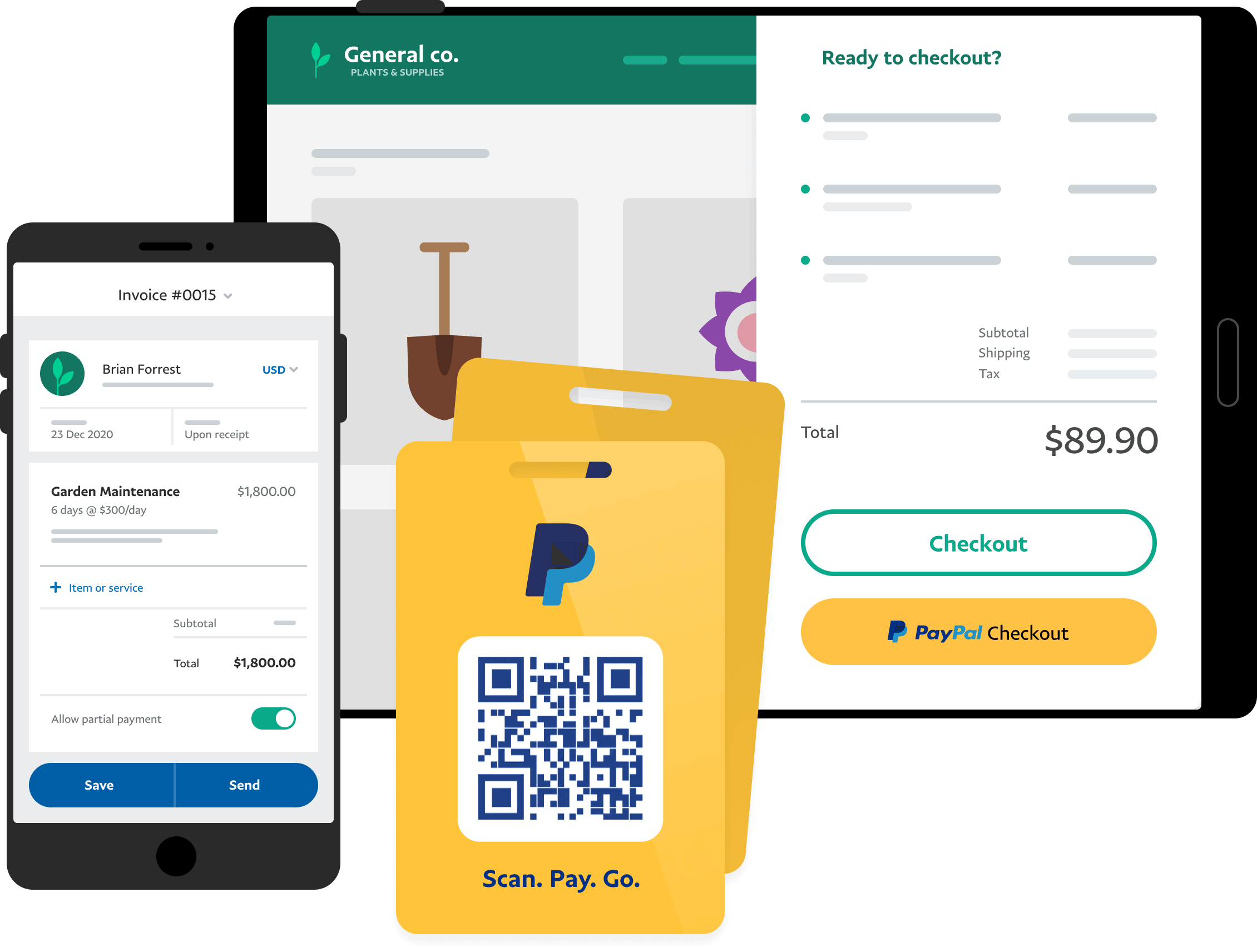 Illustration of PayPal products on mobile, QR tab, tablet 