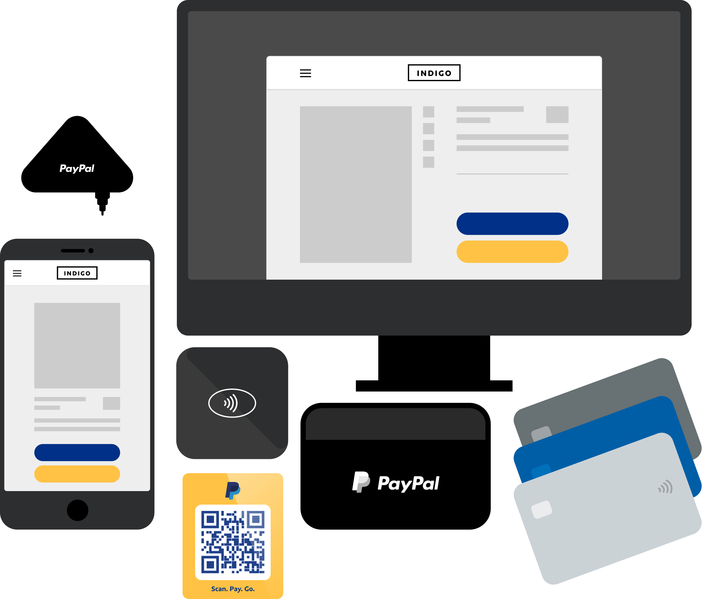 Uma ilustração que represente maneiras diferentes de uma empresa receber pagamentos com o PayPal, incluindo o PayPal Checkout, QR codes e faturas eletrônicas