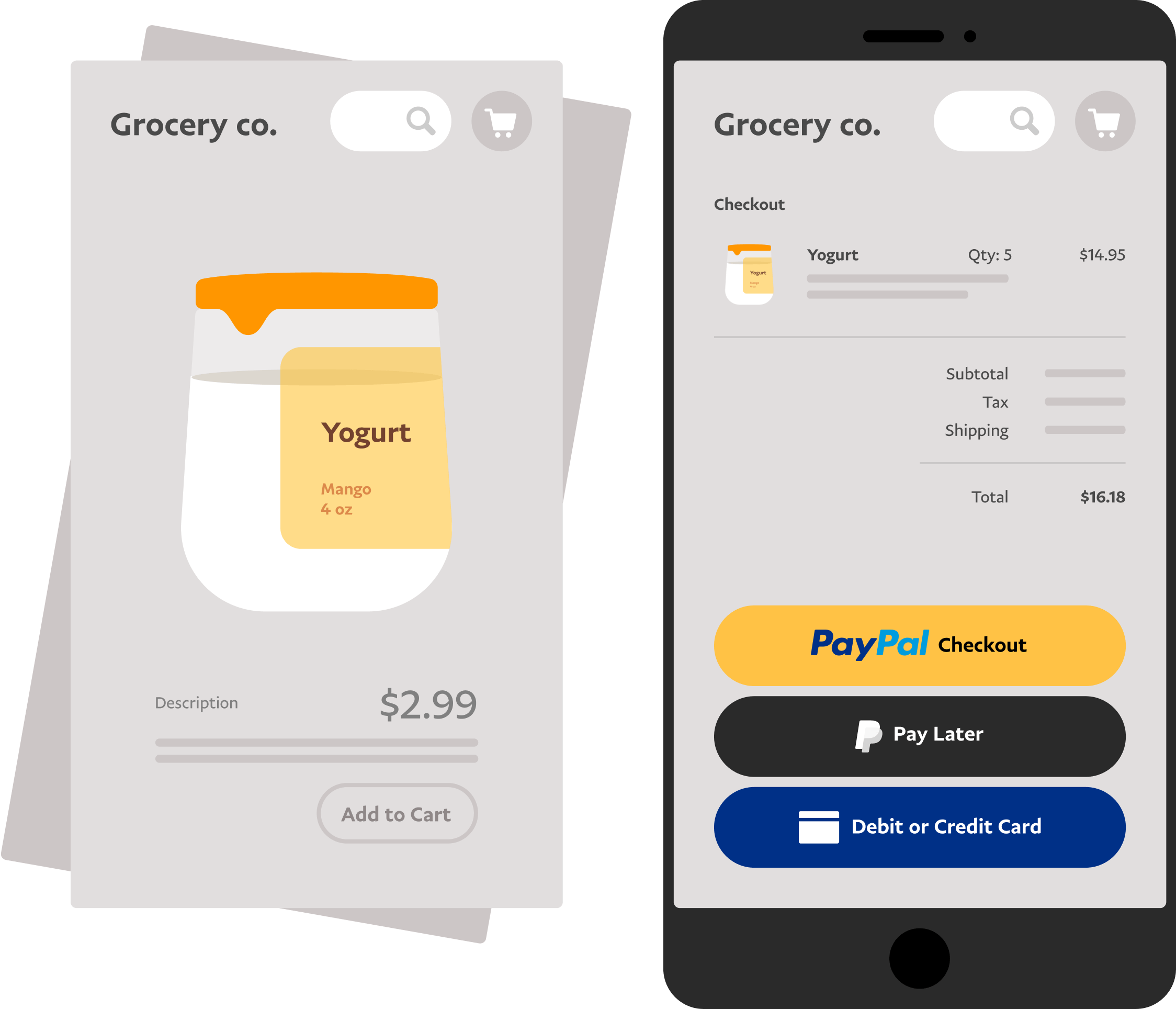 شاشة هاتف محمول عليها PayPal Checkout يُستخدم للشراء من بقالة