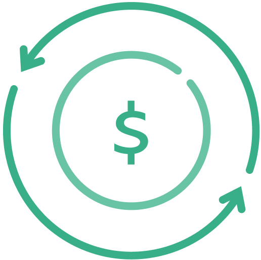 Dollar symbol and lines with arrows represent the movement of money