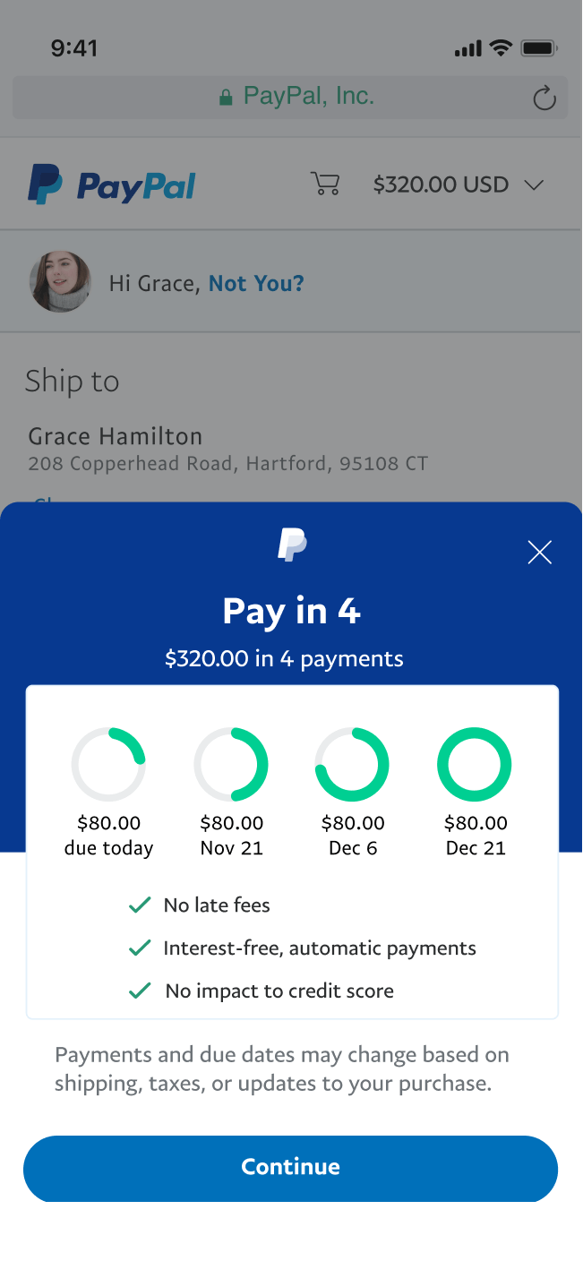 A look at what customers will see when they review the payment schedule in the PayPal app