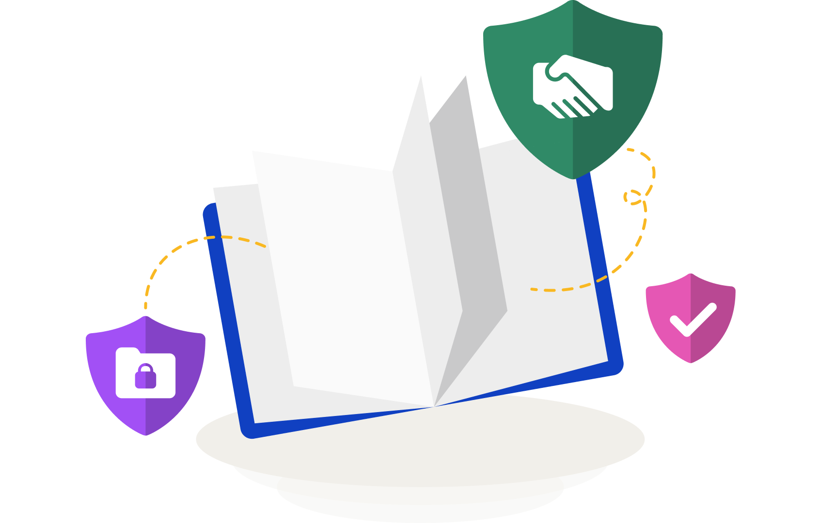 Icons with a shield and handshake symbol float near an illustration of an open book
