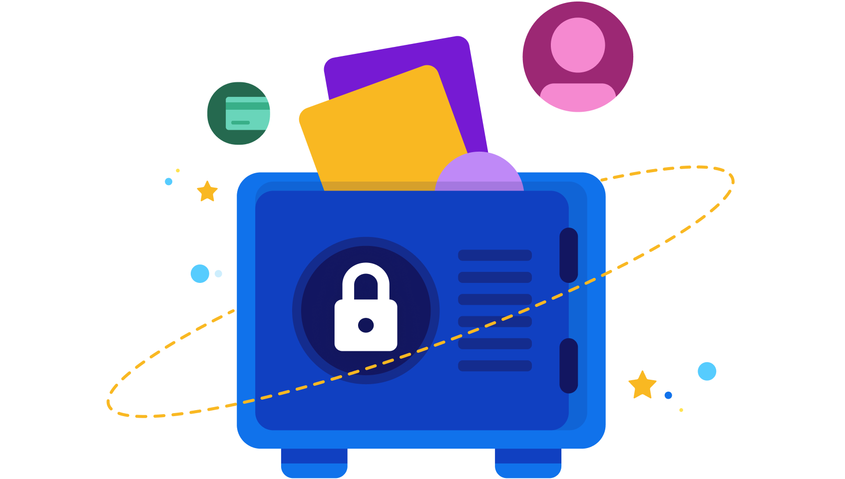 An illustration of a safe and documents that represent personal info that will be secured inside it