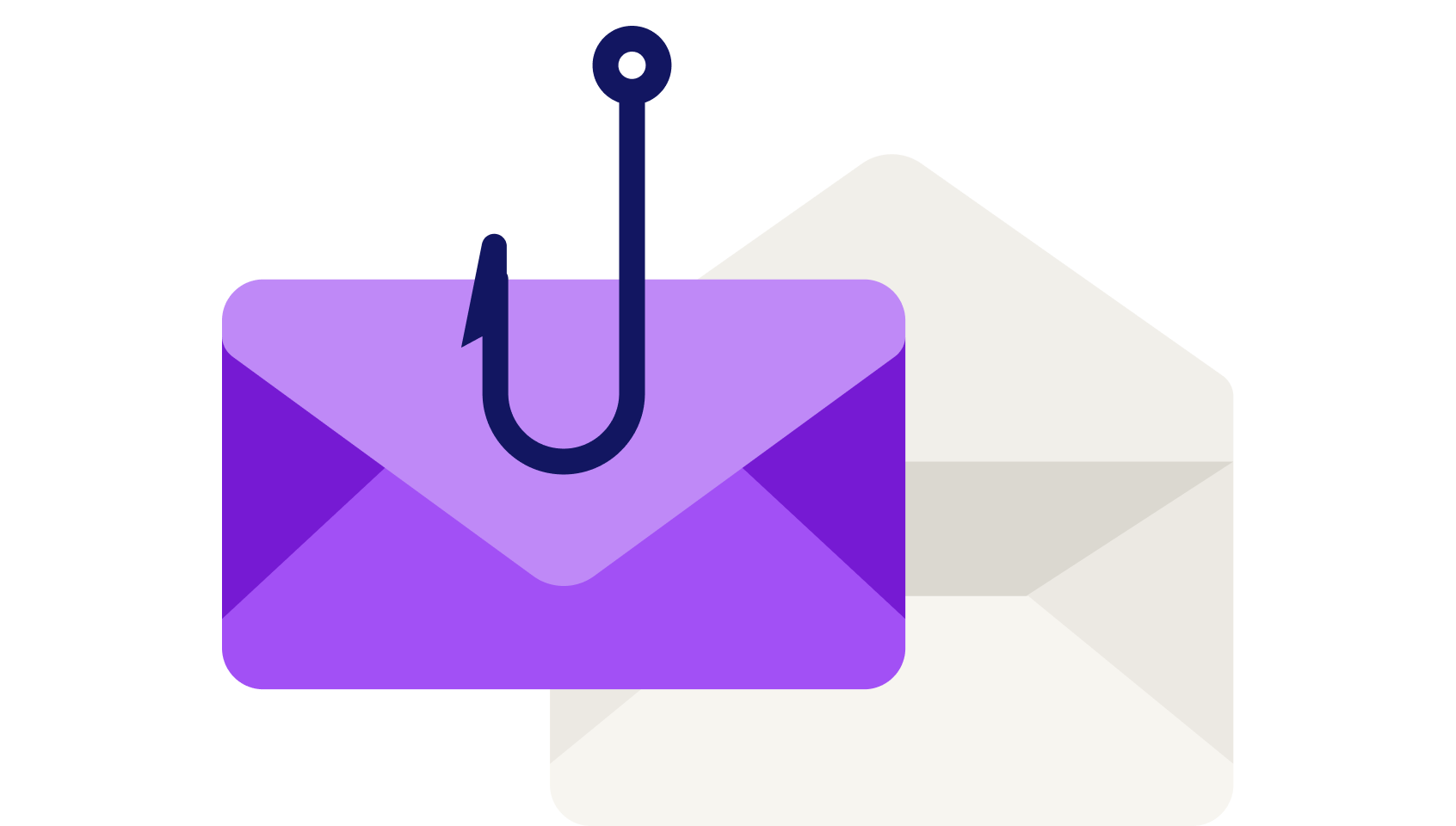 An illustration of a fish hook representing phishing email floats above symbols of two envelopes