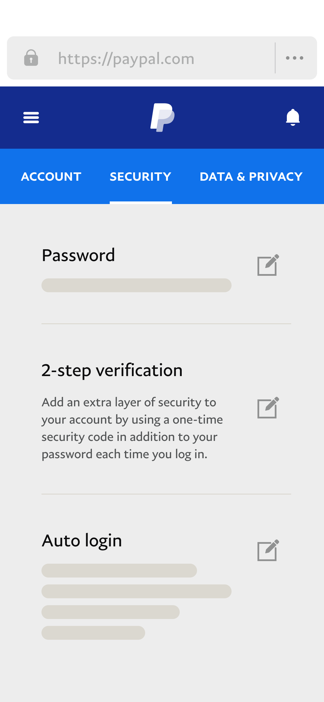 An illustration of the Security settings page in the PayPal app showing the 2-step verification setting