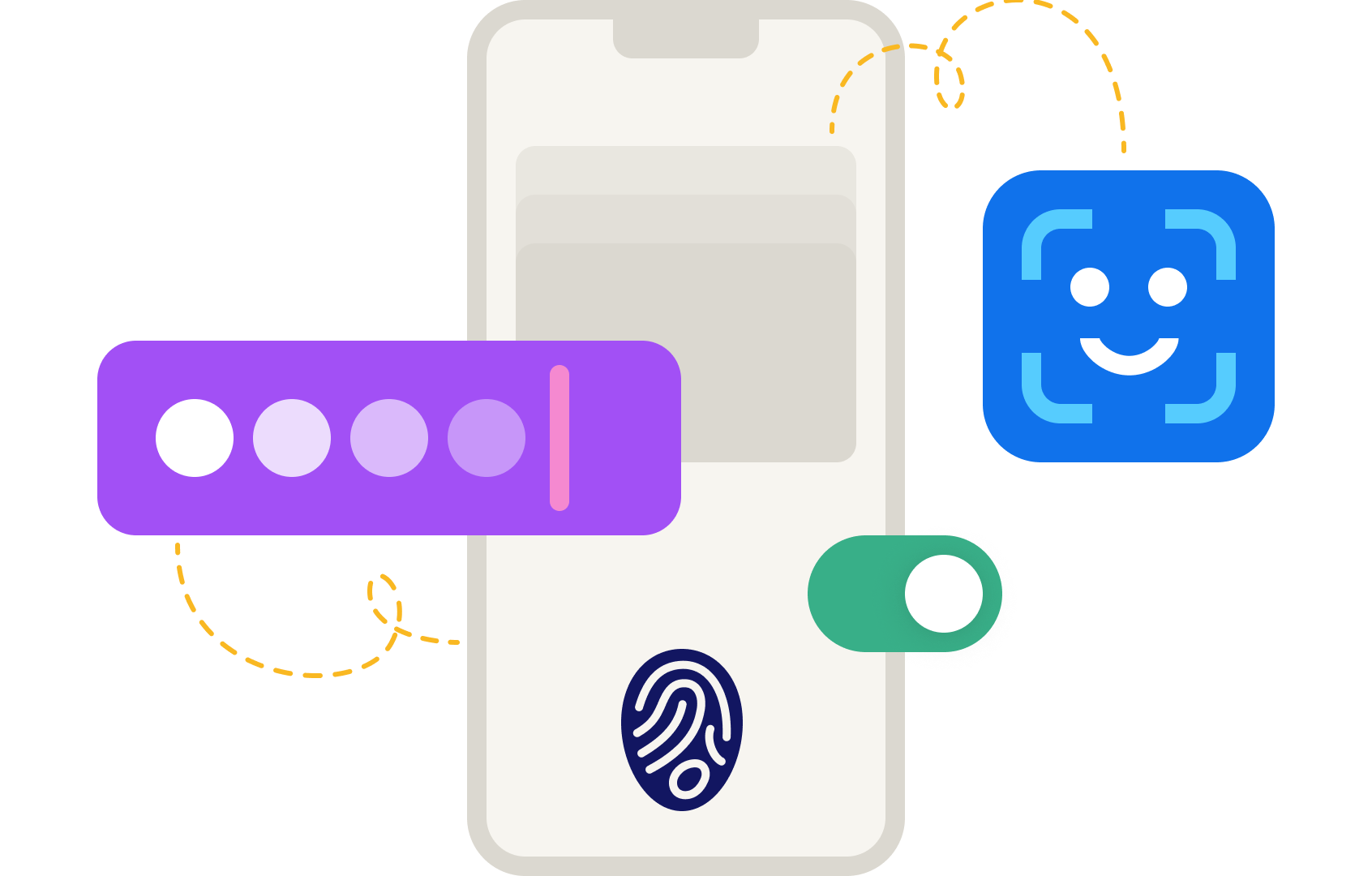 An illustration of a mobile phone with icons representing authentication technologies, such as face and fingerprint recognition