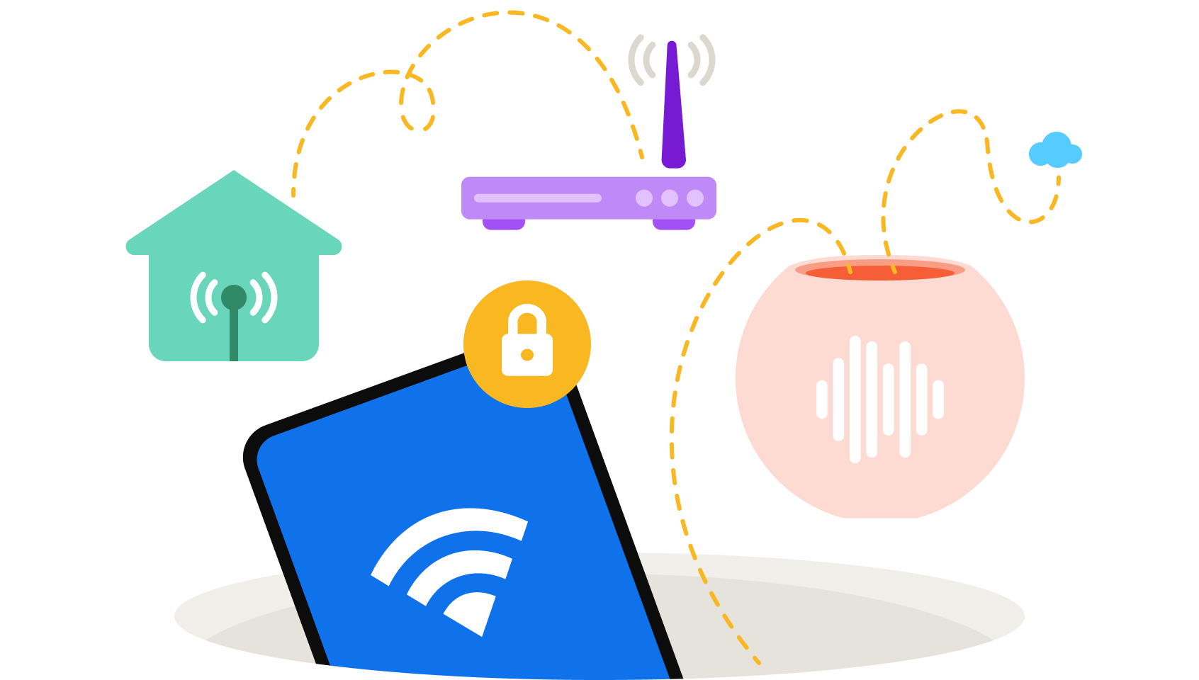 An illustration of things in your home that can be protected, such as a WiFI router and smart IoT devices like a thermostat