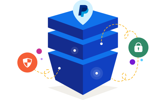 Icons with the PayPal logo, a lock, and a shield float around an illustration representing layers of technology