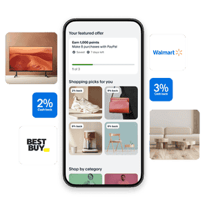 Mosaic featuring a TV, modern sofa and tables, and a mobile phone screen showing a featured offer and custom shopping picks