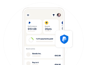 The app’s home screen shows recent activity, a PayPal balance, and Rewards points— all examples of the info that PayPal keeps secure