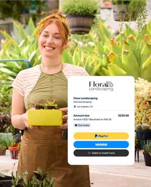 Woman in a green apron holding a yellow box of succulents in front of many plants; tile of a landscaping company invoice