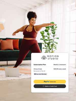 Bright yoga studio with person doing yoga; tile of a Motion Studio subscription plan with dues and a PayPal Subscribe button