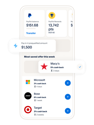 An illustration of the PayPal app home screen with cash back offers, a running PayPal Rewards balance, a saved cash back offer for Macy’s, and a Pay in 4 prequalified amount for fifteen hundred dollars.