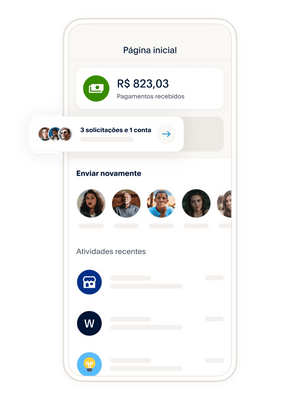 Um celular mostrando um exemplo de como é a tela inicial do aplicativo de carteira digital do PayPal.