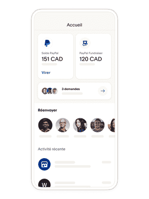 Un téléphone mobile affichant l’écran d’accueil d’un portefeuille numérique, des vignettes montrant différentes façons de gérer votre argent sur l’application PayPal