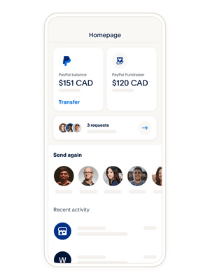 A mobile phone showing a digital wallet home screen, tiles showing different ways you can manage your money on the PayPal app
