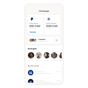 A mobile phone showing a digital wallet home screen, tiles showing different ways you can manage your money on the PayPal app