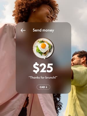 Woman smiling with friend outside with send money overlay