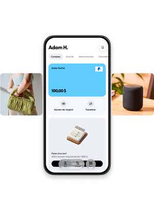 Interface de l'application PayPal affichant le solde PayPal avec un carrousel d'images lifestyle.