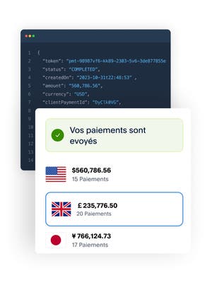 Une tuile blanche indiquant que les paiements ont été envoyés à plusieurs pays et options de paiement ; une tuile noire avec le codage Hyperwallet.