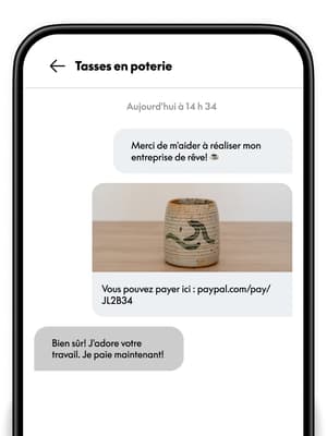 Conversation par texto dans laquelle le propriétaire de Mugs Pottery partage un Lien de paiement pour une tasse faite à la main.