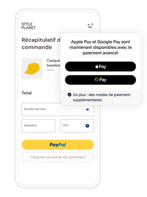 Un écran de téléphone mobile affichant un récapitulatif de commande lors du paiement ; une vignette indiquant qu'Apple Pay et Google Pay sont disponibles avec le Paiement avancé