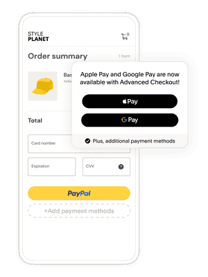 A mobile phone screen showing an order summary at checkout; a tile showing that Apple Pay and Google Pay is available with Advanced Checkout