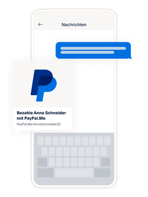 Ein Smartphone-Bildschirm, auf dem ein Nachrichtenverlauf angezeigt wird, eine Kachel, die zeigt, wie dein PayPal.Me-Link aussieht, wenn du ihn teilst.